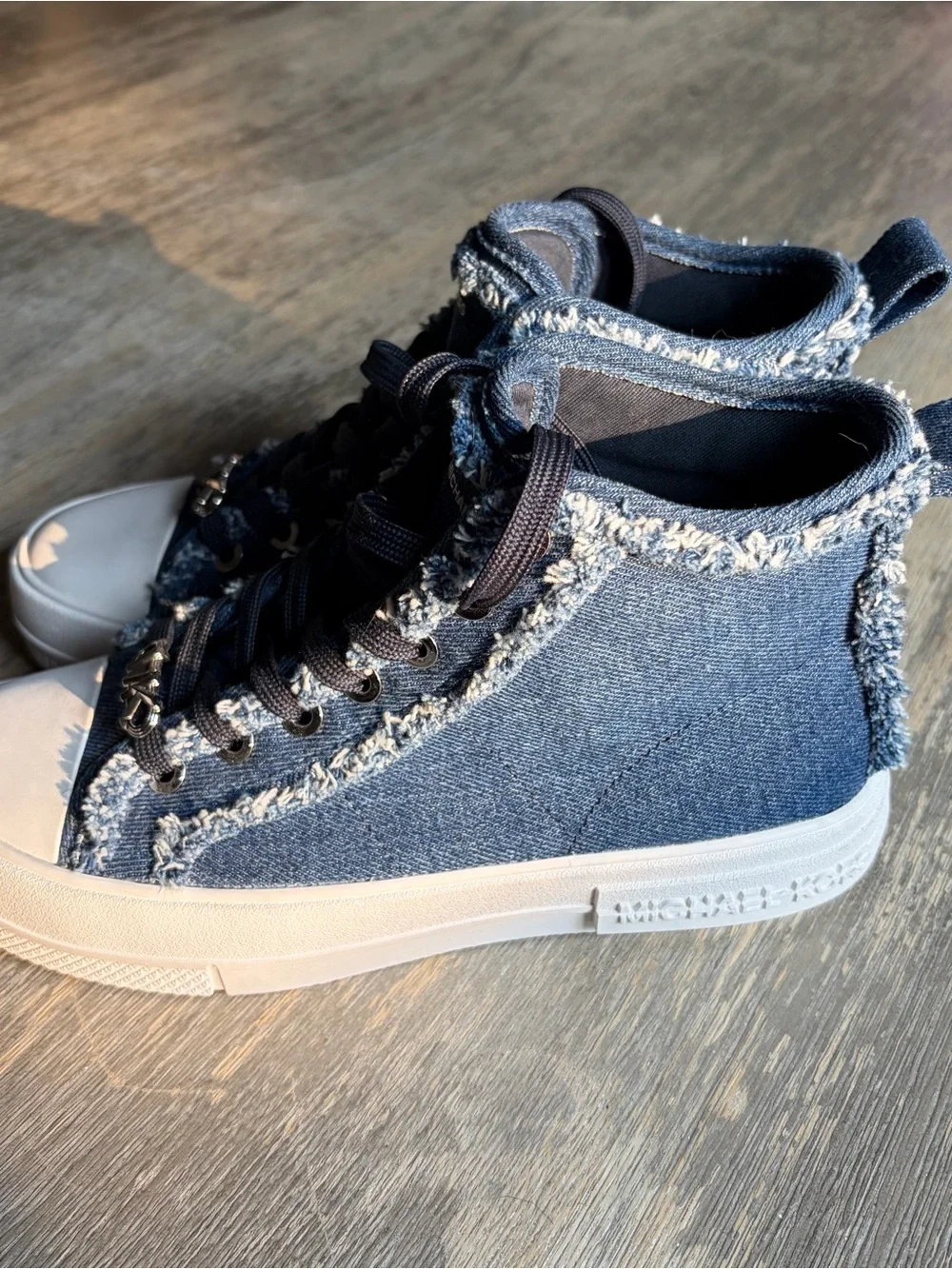 Michael Kors Women’s Denim Frayed High-Top Sneakers in Navy and White